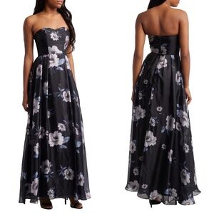 NEW LULUS Black FLORAL Strapless SWEETHEART NECKLINE Flowy ORGANZA A-line GOWN M